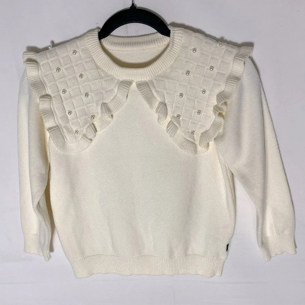 Cream Crew Neck Cottagecore Sweater with Ruffle Details & Faux Pearls XS